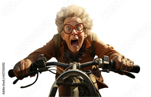 przerażona stara kobieta jedzie na rowerze,przeźroczyste tło, png.