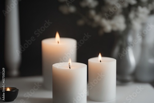 A scented candle on a white table with vases. ai generative