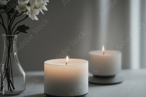 A scented candle on a white table with vases. ai generative