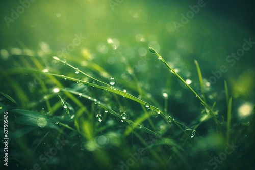 grass and water drops of rainy day bokeh closeup. ai generative © Igor