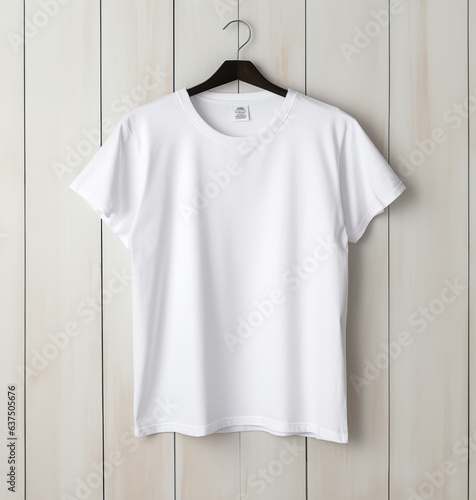 White t-shirt mockup with copyspace on dark background on hanger, front view