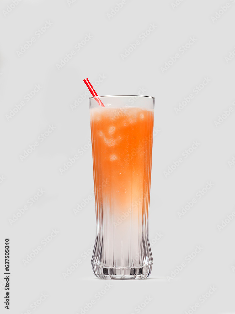 Un vaso de refresco de naranja con una pajita sobre un fondo gris aislado. Vista de frente y de cerca. Copy space. IA Generativa Un vaso de refresco de naranja con una pajita sobre un fondo gris aislado. Vista de frente y de cerca. Copy space. IA Generativa