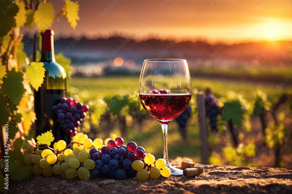 glass of wine and grapes in the vineyard at sunset. ai generative