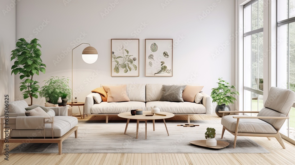 Modern Scandinavian home interior design characterized by an elegant living  room featuring a comfortable sofa, mid century furniture, cozy carpet,  wooden floor, white walls, and home plants. Stock Photo