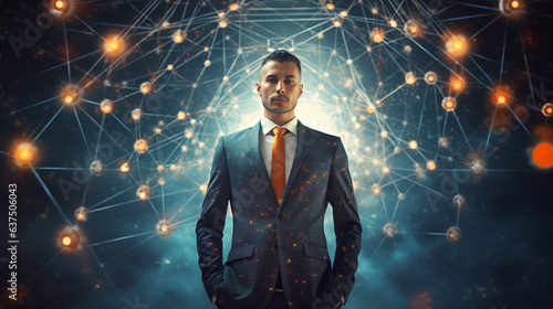 Radical Business Transformation: Authentic Businessman Harnessing Expressive AI Networks for Diverse Global Impact in a Dreamy Futuristic Landscape