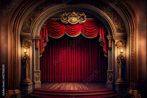 The auditorium of the opera house. Red curtain, stage, velor chairs. Abstract illustration.