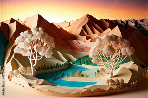 Cut-out paper art. Mountain landscape. Nature.