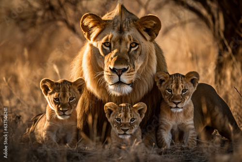 a lion and her cubs are in the grass