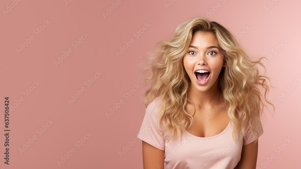 Young blonde woman in expressive pose, surprised - obrazy, fototapety, plakaty 