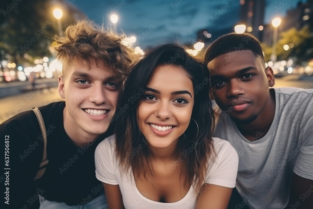 Lifestyle and friendship concept. Multi ethnic guys and girls spending time together. Happy life style friendship concept. Young multicultural people having fun time together in city. Generative AI Lifestyle and friendship concept. Multi ethnic guys and girls spending time together. Happy life style friendship concept. Young multicultural people having fun time together in city. Generative AI