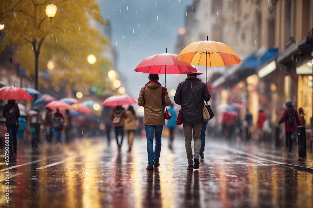 Obraz premium people with an umbrella on the street in raining. ai generative