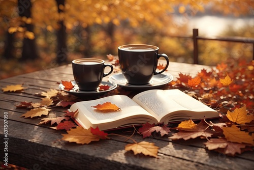 an open book and cup of coffee on a table with autumn leaves. ai generative