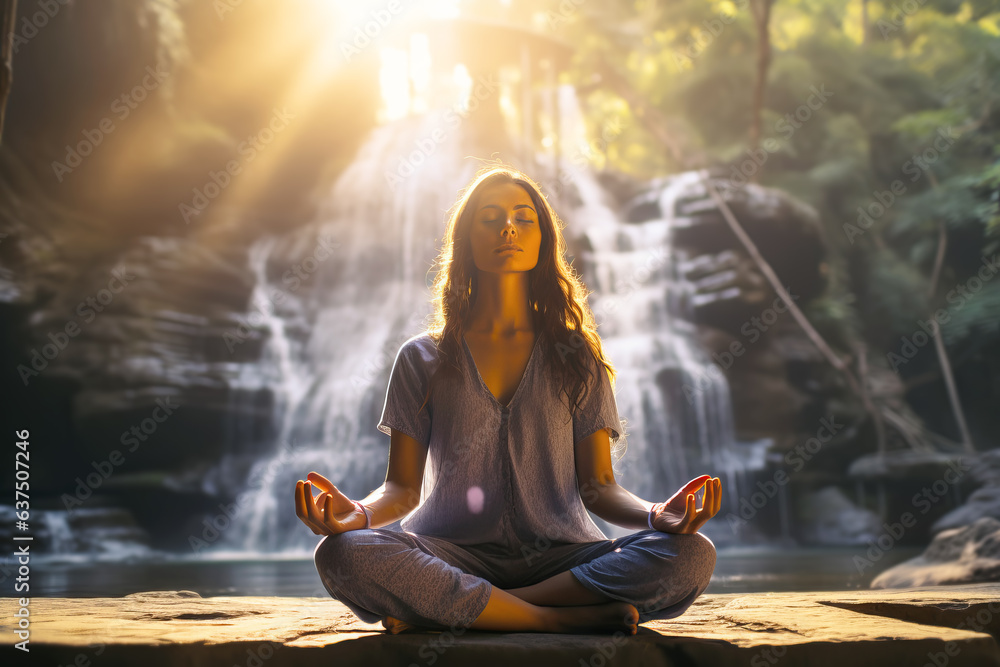 Young woman meditating and doing yoga practicing at sunrise on waterfall background. 