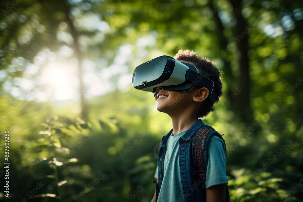 Technology, lifestyles and environment concept. Young boy with virtual reality goggles in nature background. Generative AI