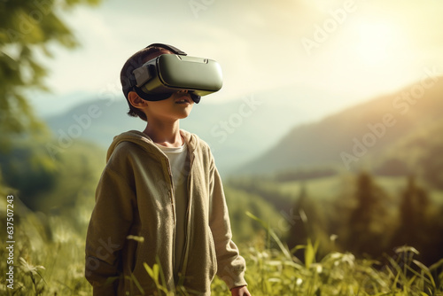 Technology, lifestyles and environment concept. Young boy with virtual reality goggles in nature background. Generative AI © Rytis