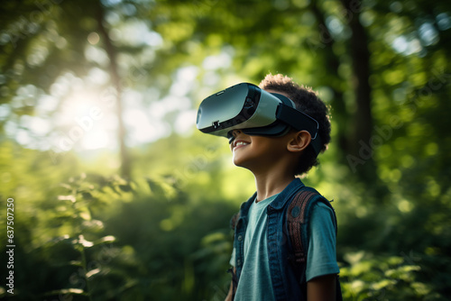 Technology, lifestyles and environment concept. Young boy with virtual reality goggles in nature background. Generative AI