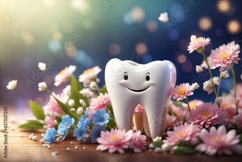 one healthy tooth with flowers. ai generative