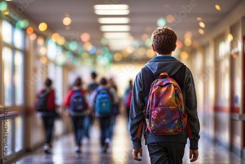 Schoolboy walks down school hallway bokeh. ai generative