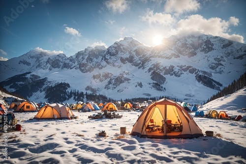 Tourist camp in the mountains winter tent. ai generative