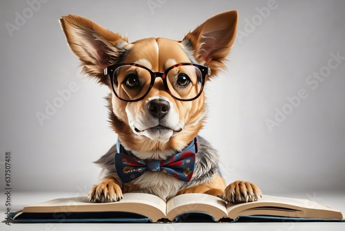 Surprised dog in glasses holding opened book. ai generative © Igor