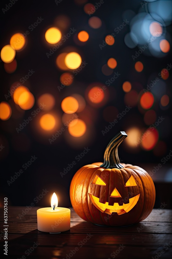 Fototapeta premium Smiling pumpkin next to a lit candle. ai generative