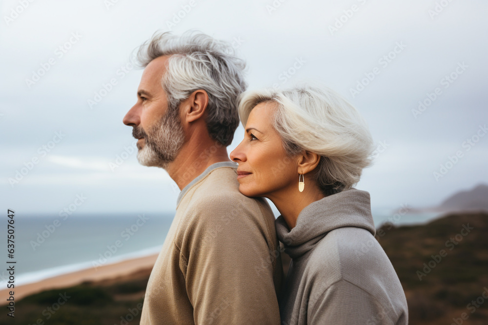 Love, lifestyle, relationship concept. Middle age couple standing next to each other and looking into the distance or horizon. Generative AI