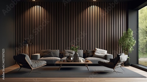 contemporary interior design with dark walls and vertical slats panel.