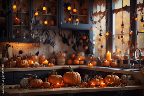 The kitchen is decorated for Halloween pumpkins. ai generative
