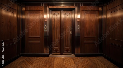 Wood lined interior of a closed vintage Soviet elevator.