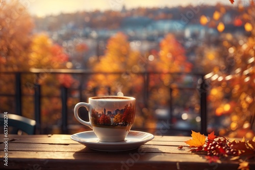 A cup of coffee on a table overlooking an autumn. ai generative