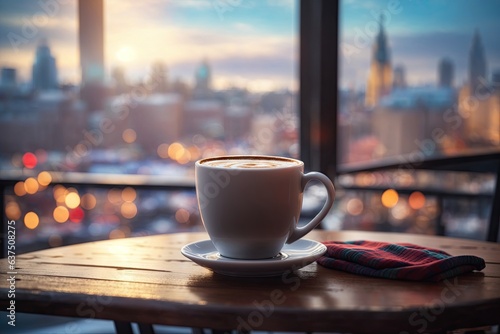 A cup of coffee on a table overlooking an winter. ai generative