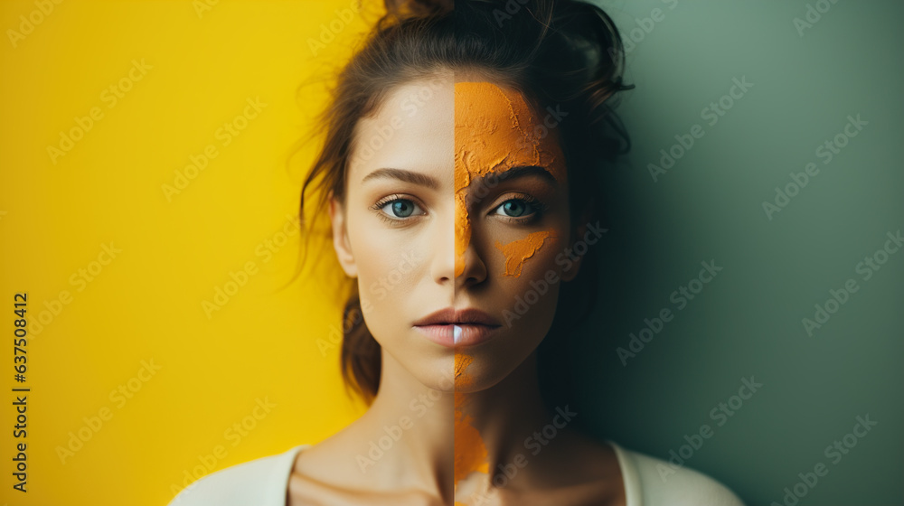 Mental health concept. Young woman on yellow and green background. Mental health concept. Young woman on yellow and green background.