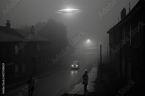 Sci-fi and fantasy concept. UFO and extraterrestrial ships flying over city during foggy day. Retro vintage style and city of year 50-70s. Surreal and spooky atmosphere. Black and white. Generative AI
