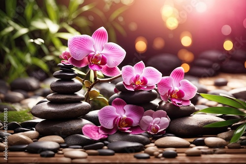 Zen spa stones with pink orchid and bamboo. ai generative