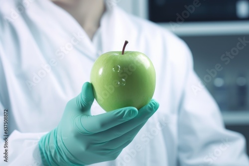 shot of a scientist holding up an apple that has been genetically modified in a lab