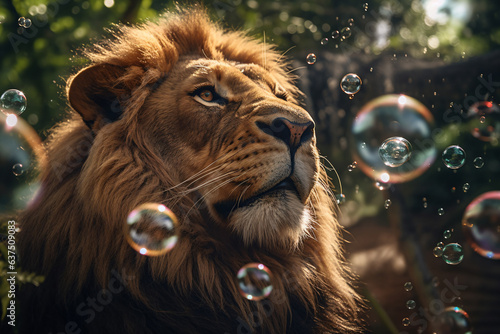a lion is surrounded by bubbles in the air