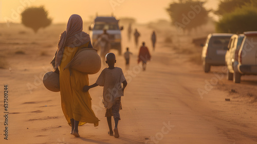 The family goes for water and food, poverty. Africa.