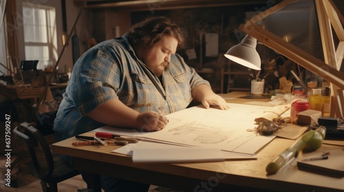 Overweight man architect or interior designer at work on a new project