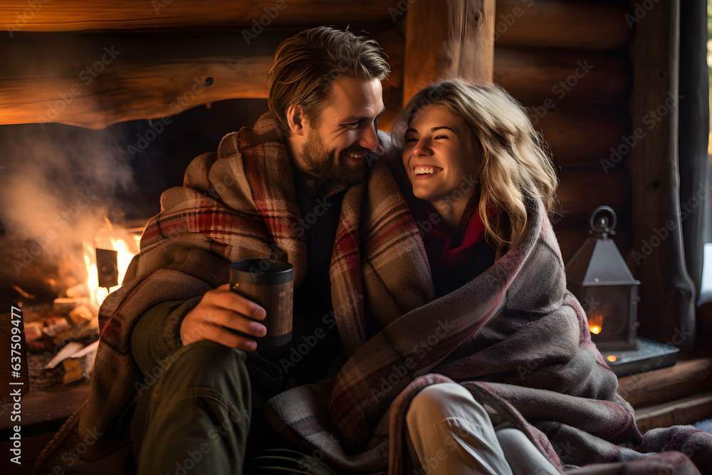 Couple wrapped in blankets, sipping hot drinks by a cozy cabin fire, romantic environment