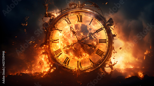 Clock on fire, time's burning end in clock set on fire