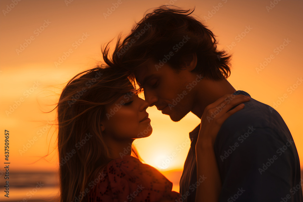 Couple sharing romantic moment at the beach at sunset