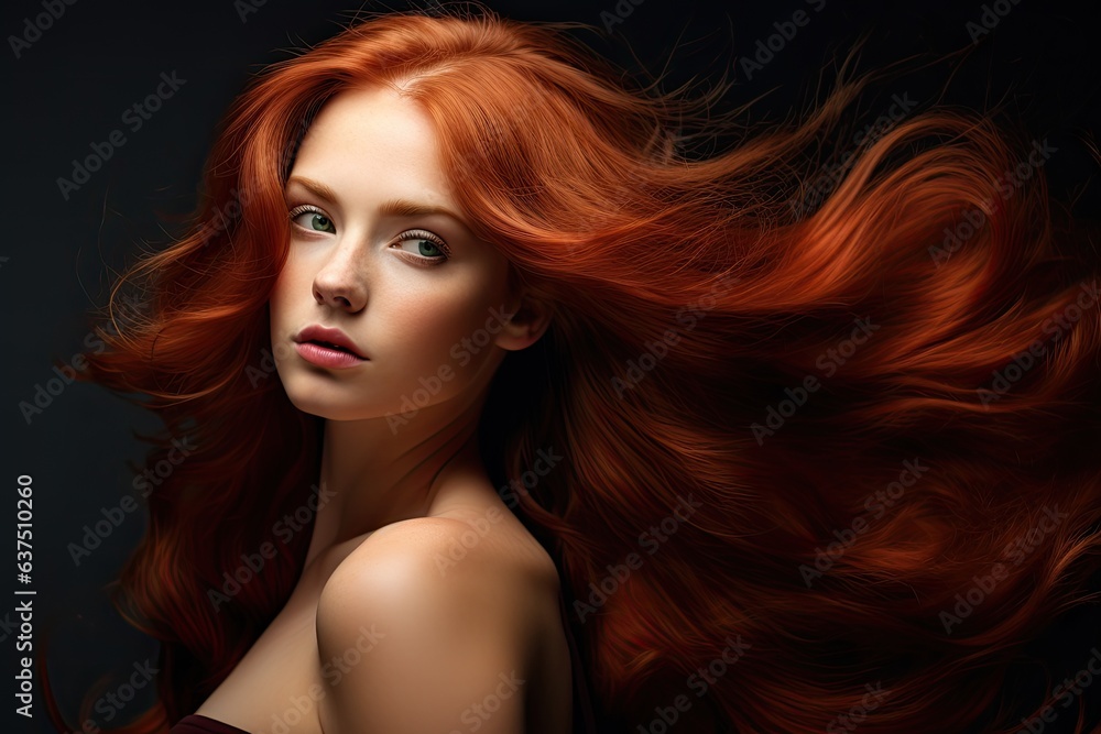beautiful young woman with amazing red hair - beauty / haircare advertisement template (Generative AI) beautiful young woman with amazing red hair - beauty / haircare advertisement template (Generative AI)