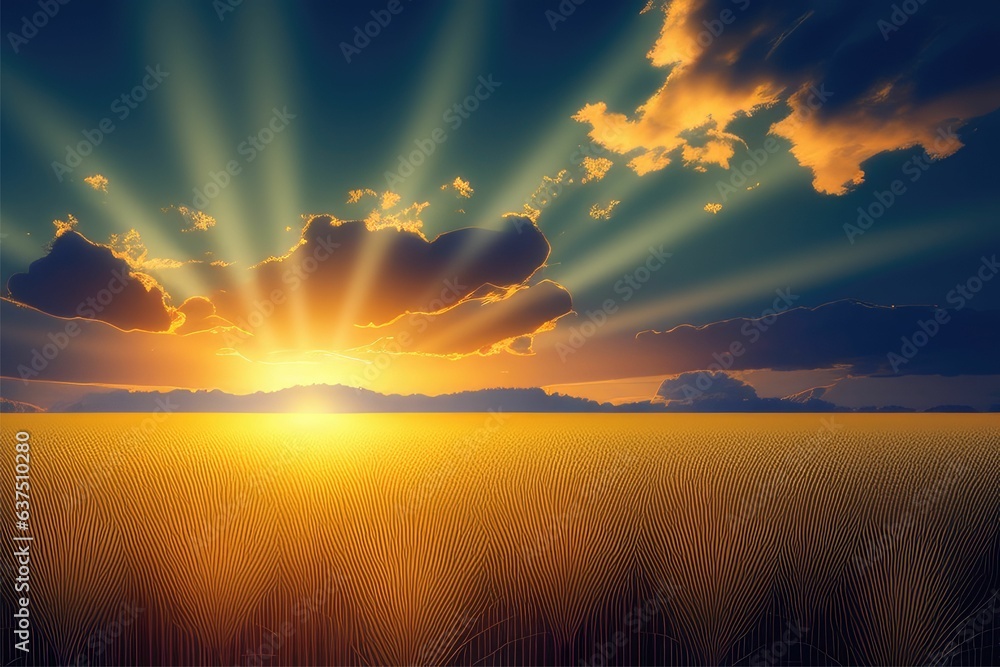 Fototapeta premium Serene sunset over a golden wheat field with rays of sunlight breaking through the clouds Generative AI