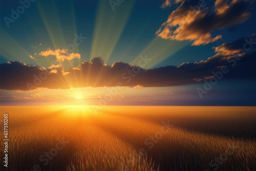 Serene sunset over a golden wheat field with rays of sunlight breaking through the clouds Generative AI
