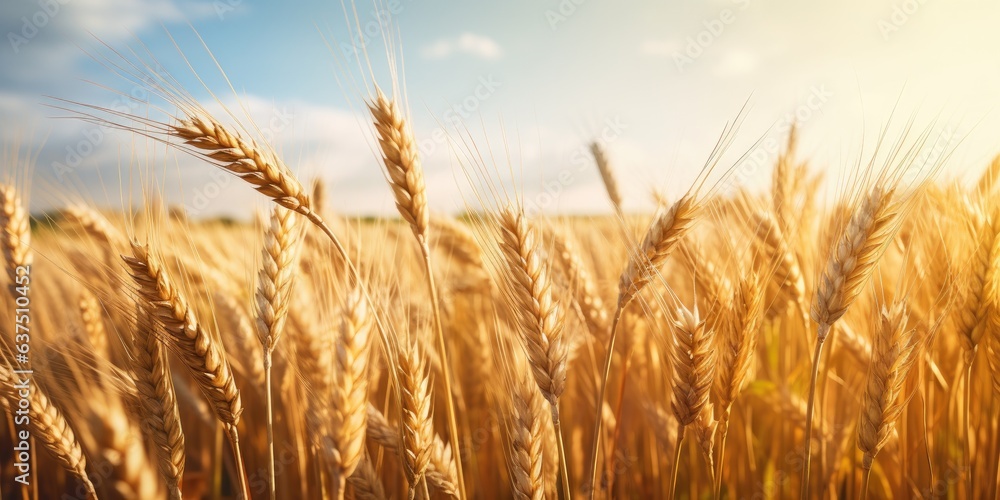 Fototapeta premium A field of golden wheat swayed in the breeze. Generative AI
