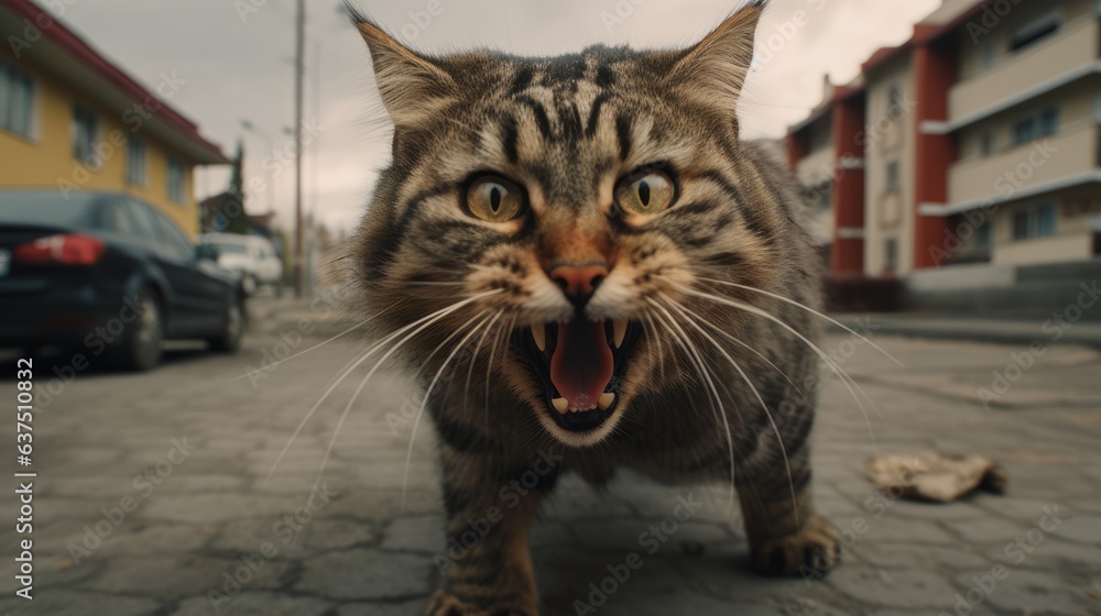 Street cat angry hisses. Pet rabies. Wild aggressive homeless cat on the street. Street cat angry hisses. Pet rabies. Wild aggressive homeless cat on the street.