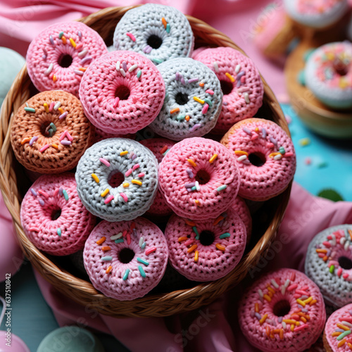 Colorfully many crocheted donuts in plate, top view © AI Exclusive 