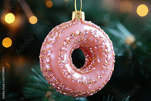 Pink Christmas donut decoration  on christmas tree 