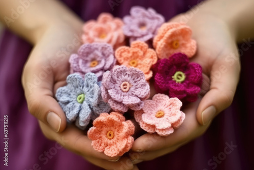 Many colorful chrocheted flowers in hands  photo