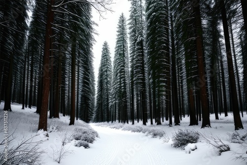 Serene winter path through snowy woods in black and white Generative AI © HalilKorkmazer